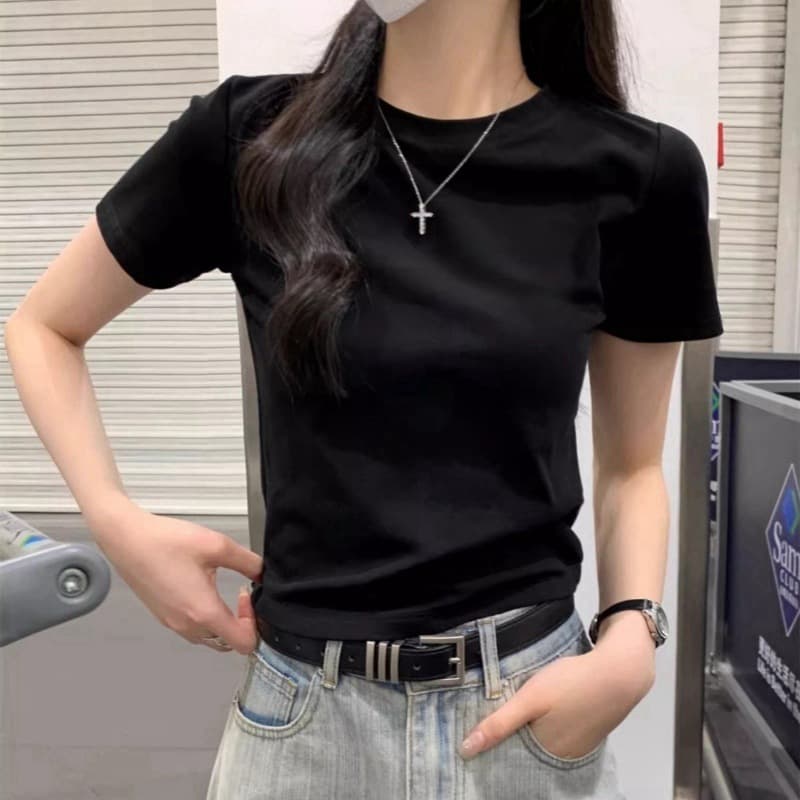 Short Women's Summer Design Fitted Crop Top T-Shirt Short Sleeve Student Top 2025 New Style