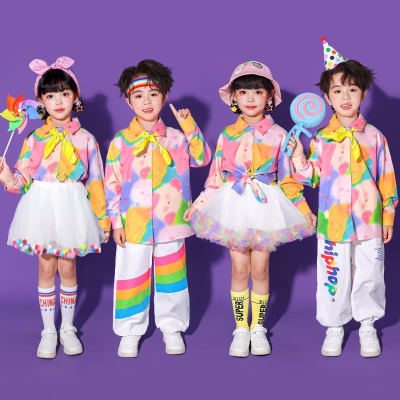 Children's cheerleading performance outfit colorful short-sleeved shirt, kindergarten graduation photo puffy tulle skirt, long-sleeved pants dancewear