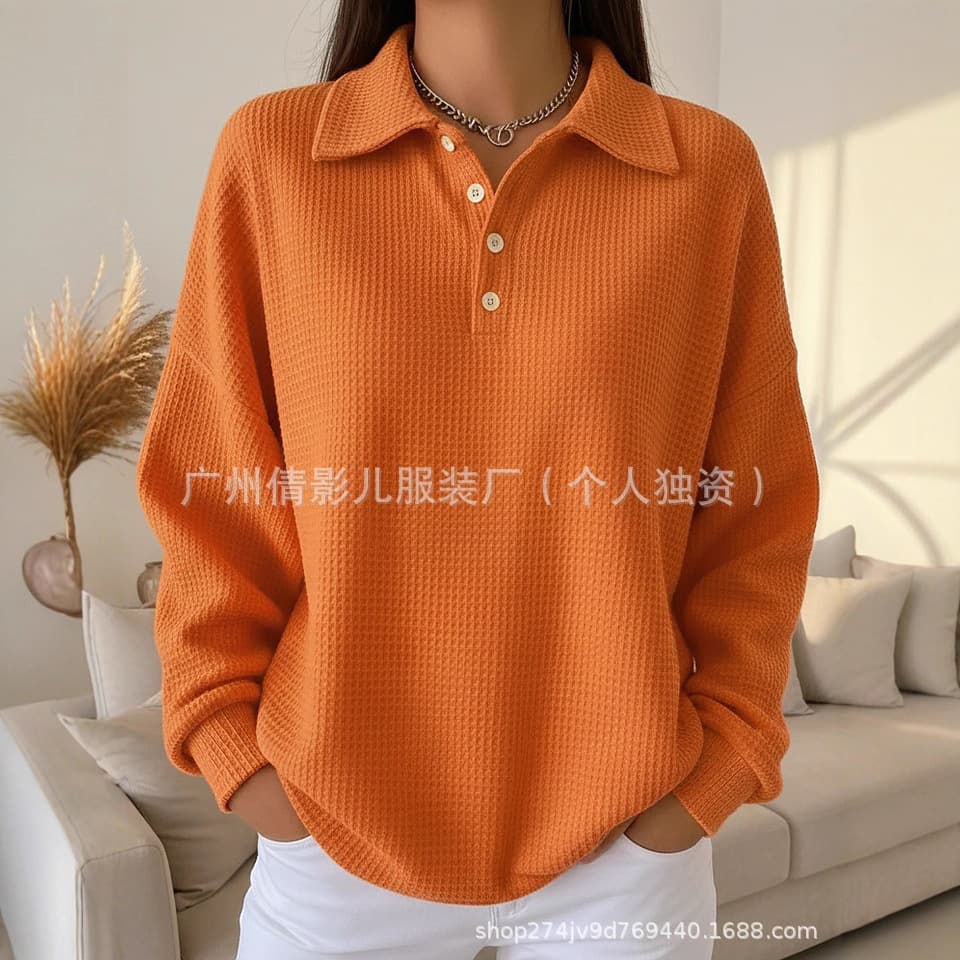 European and American Cross-Border Spring/Autumn New Loose Solid Long-Sleeve Turn-Down Collar Versatile Polo Shirt Waffle Long-Sleeve Women's Top