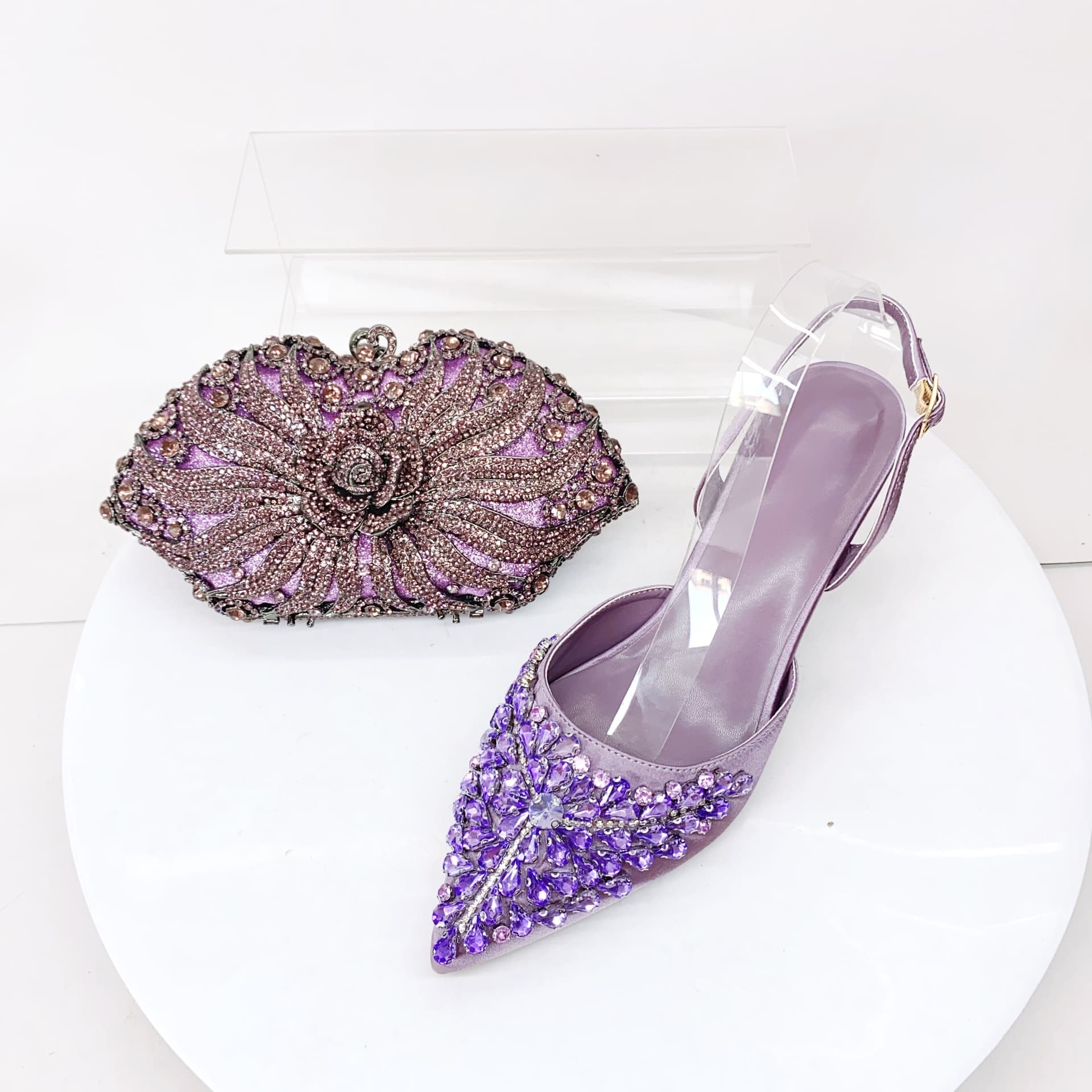 High Heel Sandals with Thin Heel, Small Size, Pointed Toe, Rhinestone Mesh Heels, Closed-Toe Sandals with Matching Bag Set, Full Rhinestone Sandals