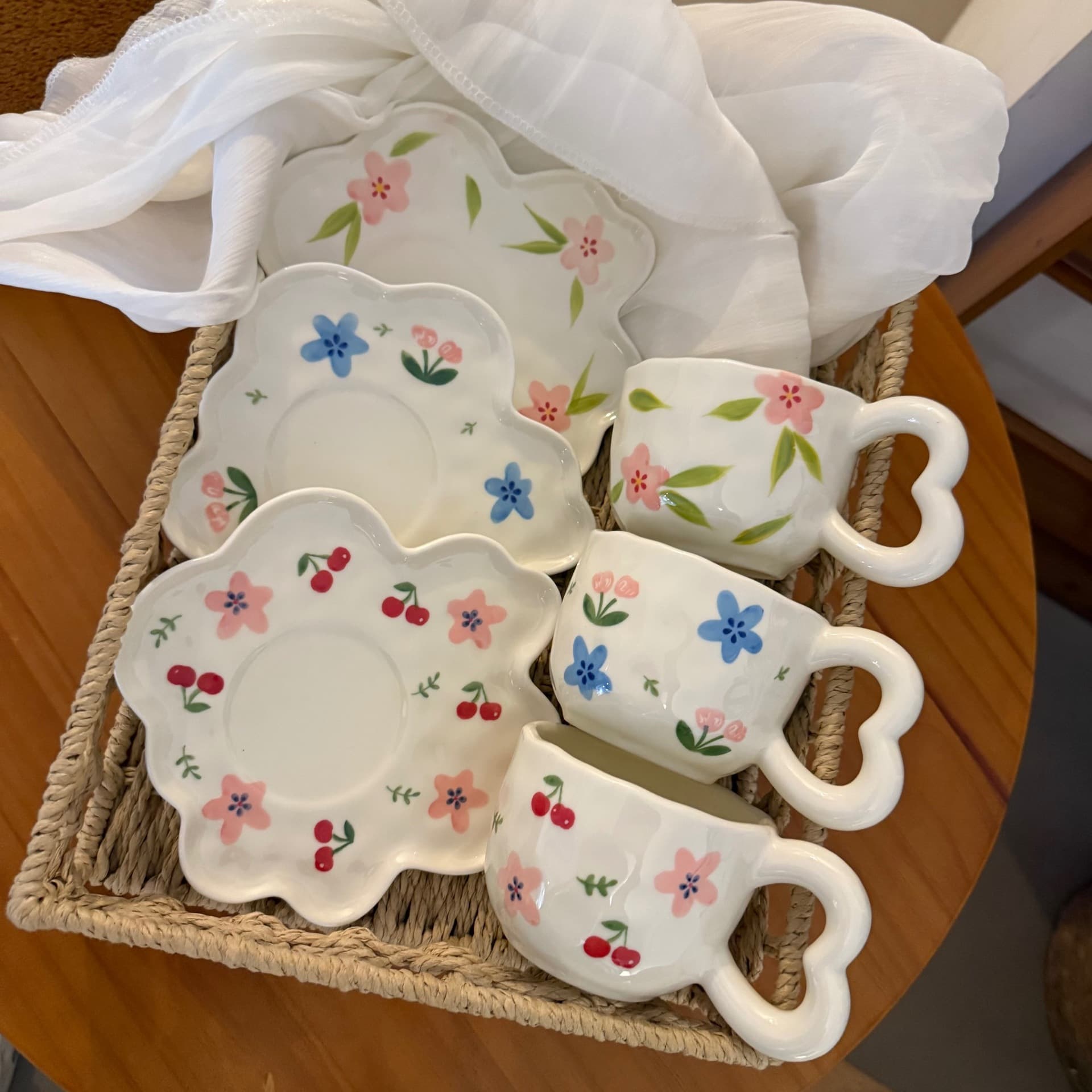 Korean Ins Style Vintage Floral Ceramic Coffee Cup and Saucer Set, Hand-Pinched Irregular Coffee Cup and Saucer, Afternoon Tea Cup and Saucer