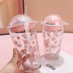 Ins Sakura Starry Sky Straw Cup, Girly Cartoon Milk Cup with Straw and Lid, High-Aesthetic Milk Tea Coffee Cup