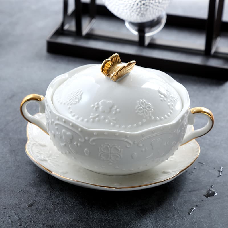 Home Bird's Nest Bowl Gold Rim Double Ear Bowl Japanese Dessert Bowl Steamed Egg Bowl Ceramic Bird's Nest Cup Sweet Soup Tremella Bowl Soup Bowl