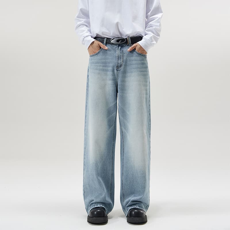 LKTM Men's Fashion # All-Season Best-Seller Korean Style A-Cut Straight Leg Jeans, Loose Wide-Leg Floor-Length Pants