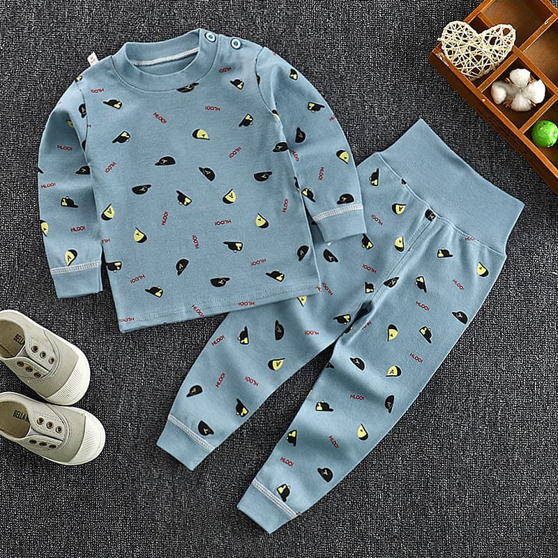 Children's High-Waist Belly-Protecting Pants Set Spring and Autumn Baby Thermal Underwear Girls Cotton Base Layer Boys Crew Neck Pajamas