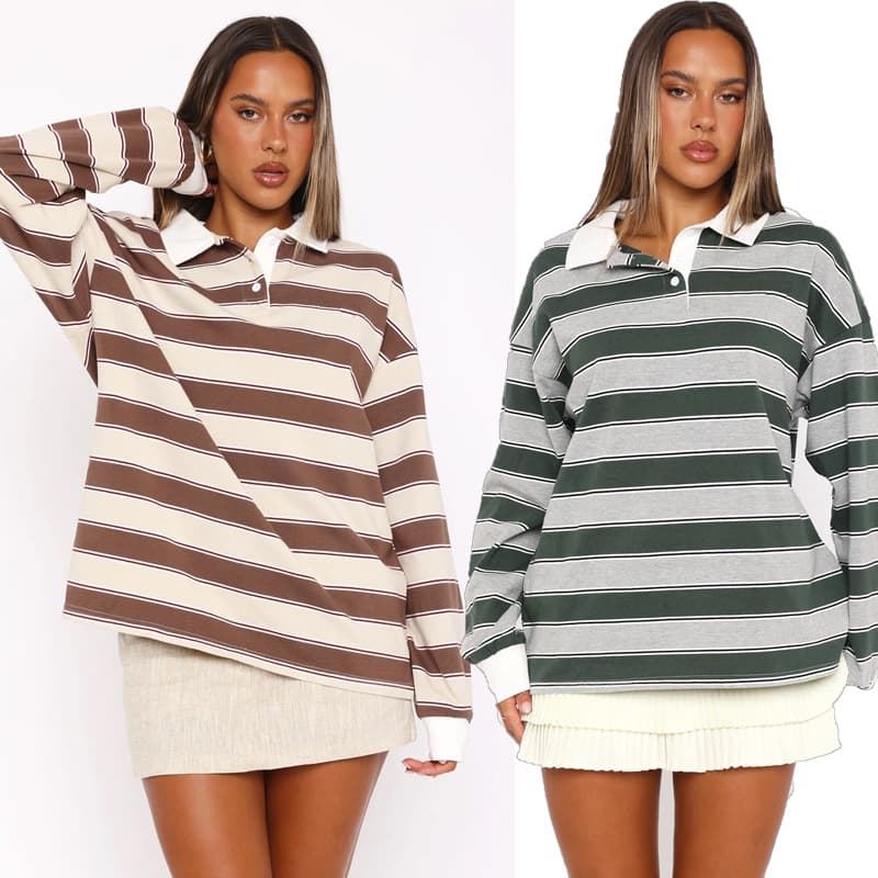 Amazon new style European and American autumn and winter warm polo stripe top loose street fashion long-sleeve women's clothing
