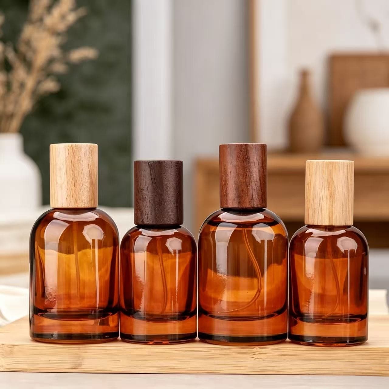 30ML screw-top brown glass perfume bottle wooden cap perfume bottle press glass spray bottle cosmetics empty bottle
