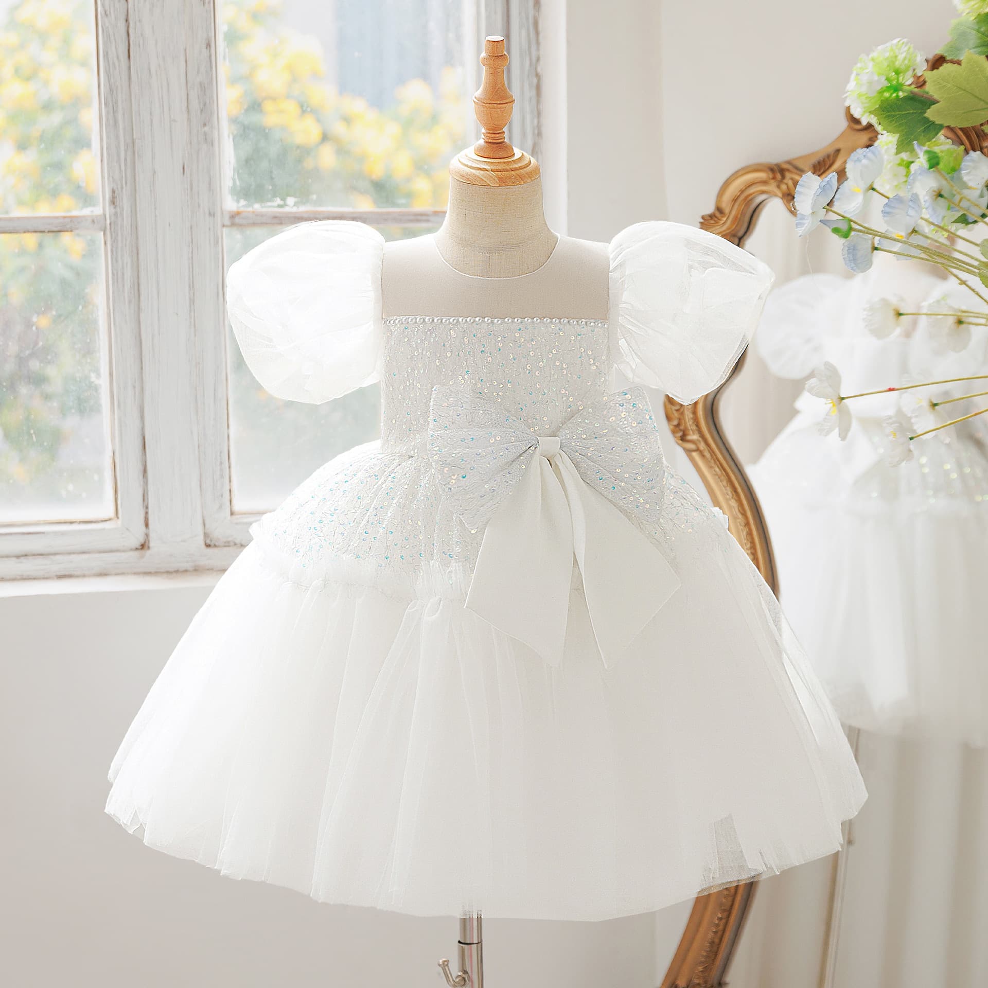 Children's Dress Sequin Tulle Princess Skirt Bow Tutu Dress Baby Birthday Party Gown