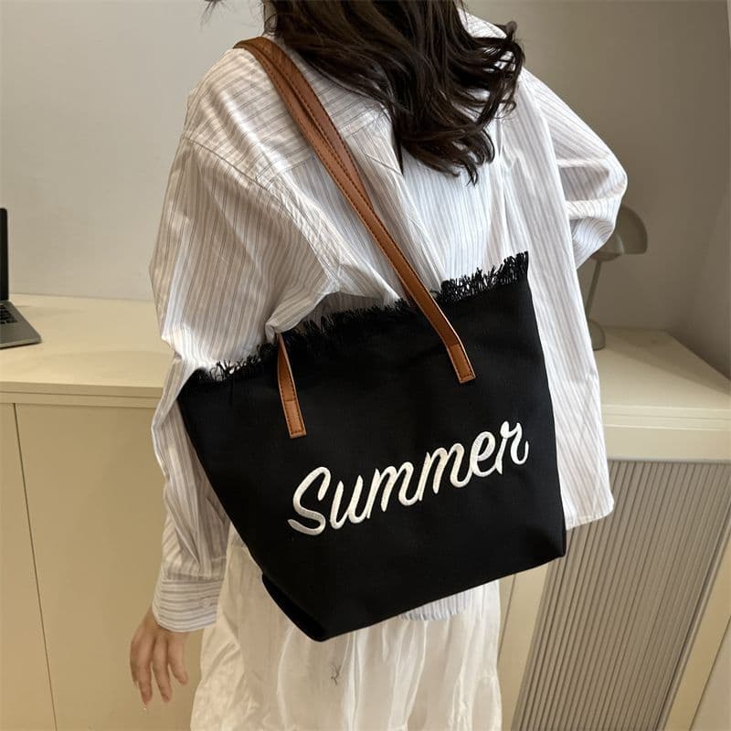 Large capacity canvas bag with embroidered lettering, tote bag, handbag, woven beach bag, shoulder bag