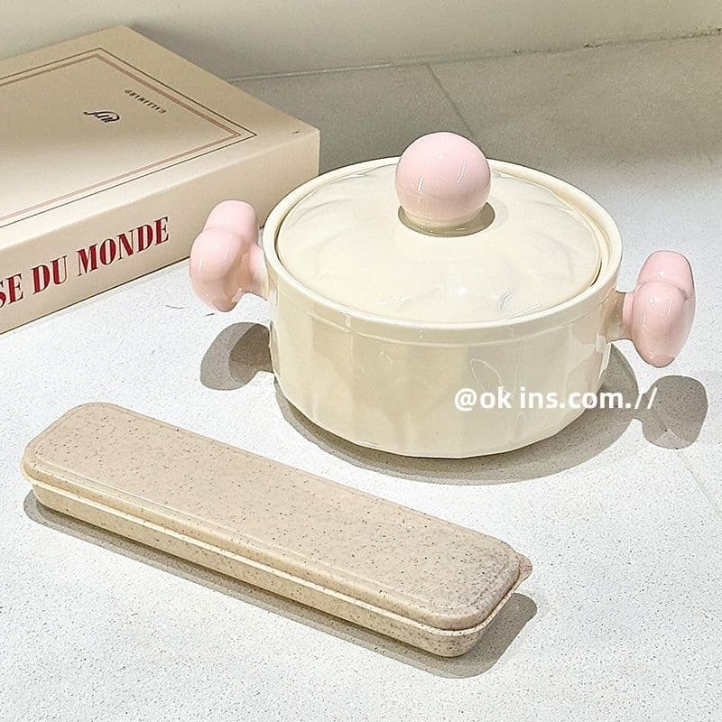 Large Capacity Ceramic Instant Noodle Bowl with Lid and Handle for Dormitory Creative Home Noodle Bowl High Aesthetic Personalized Underglaze Color