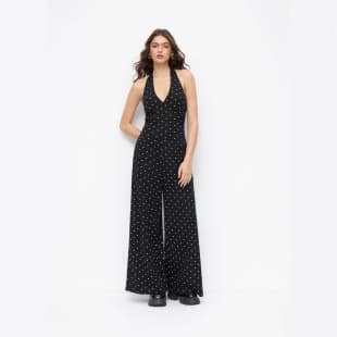 European and American Cross-Border Trade Jumpsuit for Women, European and American Vacation Style Halter V-Neck Sleeveless Waist-Tightening Slimming Wide-Leg Jumpsuit