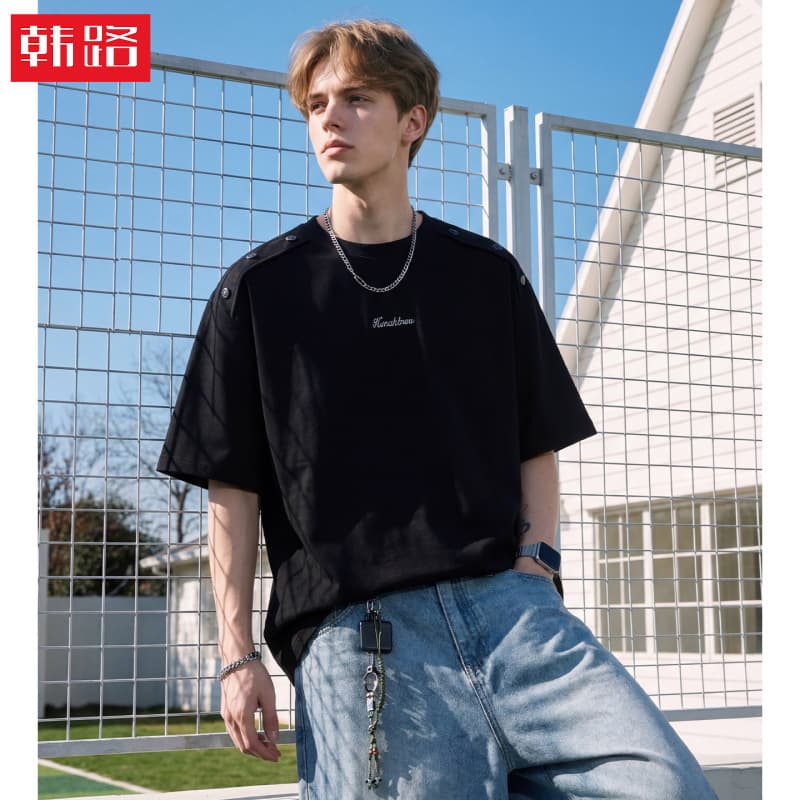 Intellectual American Casual Short Sleeve T-Shirt Men's Summer Shoulder Epaulet Button Simple Embroidery Oversized Loose Tee q