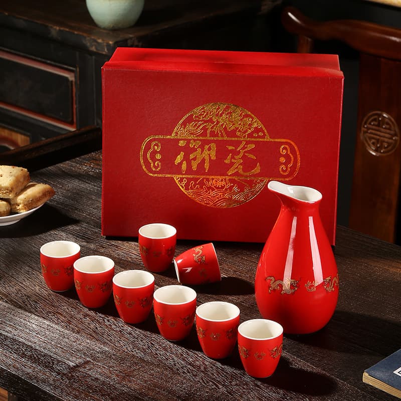 One-Pot Eight-Cup Gift Box Set, Penguin Soju Pot and Glasses, Red Dragon Wine Set, 9-Piece Ceramic Pourer and Dispenser