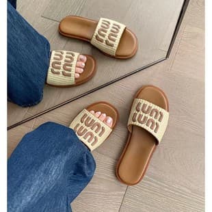 Plus Size Flat One-Band Slippers for Women Summer 2026 New Vacation Retro Woven Beach Sandals Women's Flat Sandals
