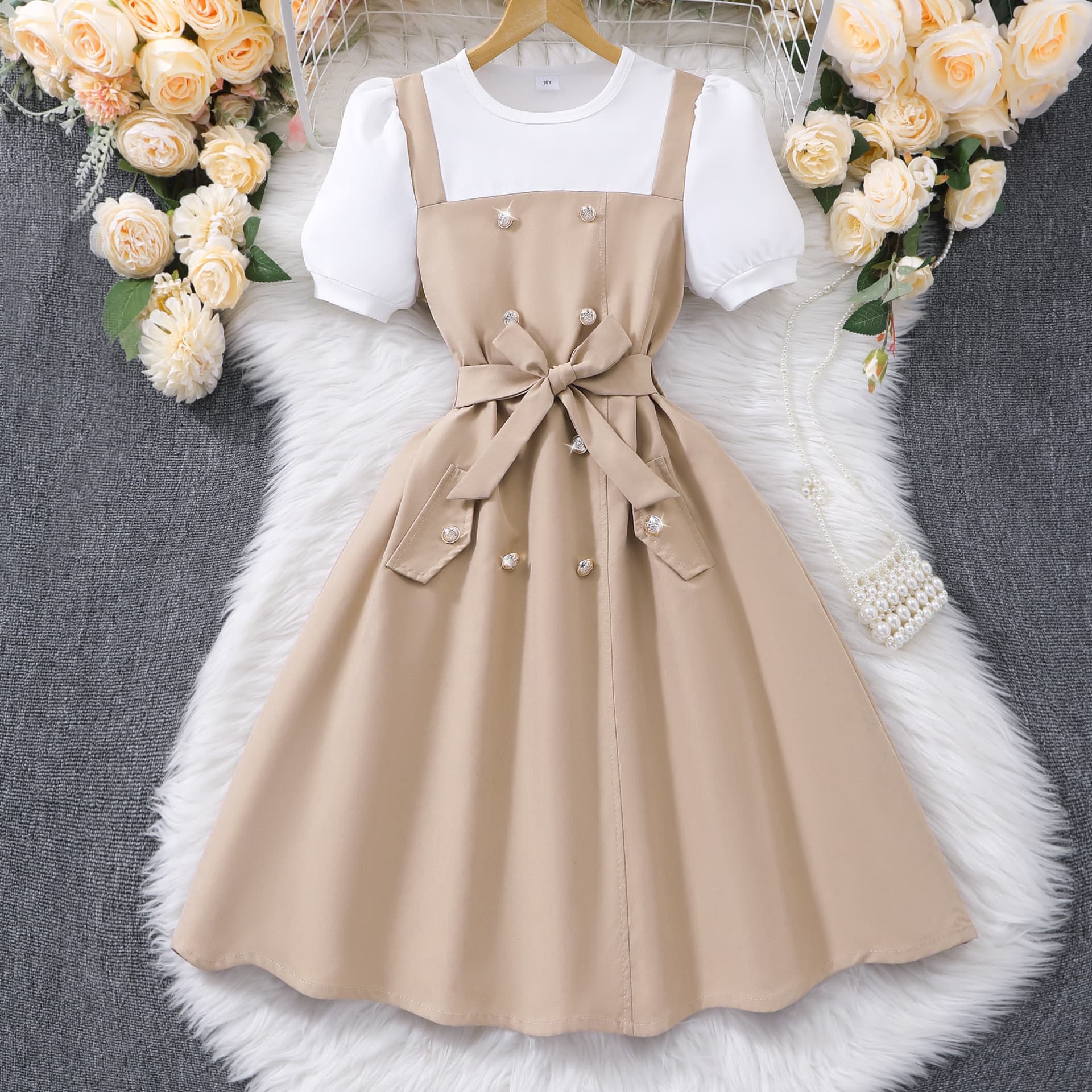 Girls' dress, double-breasted suspender dress, short-sleeved faux two-piece dress