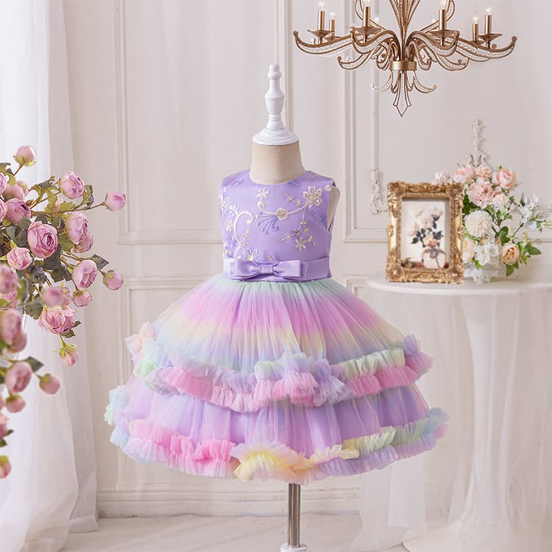 New European and American Princess Dress Tulle Printed Rainbow Flower Girl Wedding Dress Party Baby First Birthday Christening Gown