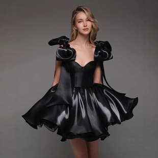 Audrey Hepburn Style Black Strapless Mini Dress Women Princess Style Big Bow Puffy Skirt Performance Gown Dress