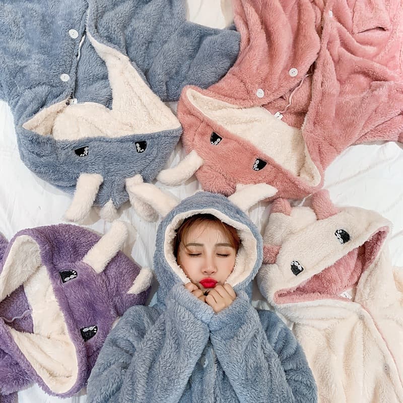 2025 New Winter Long Hooded Dinosaur Onesie Pajamas for Women, Coral Fleece Nightgown Bathrobe