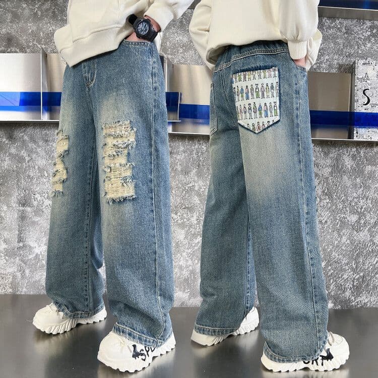 Kids' ripped jeans, spring and autumn style, fashionable, loose and trendy wide-leg jeans for medium and large children.