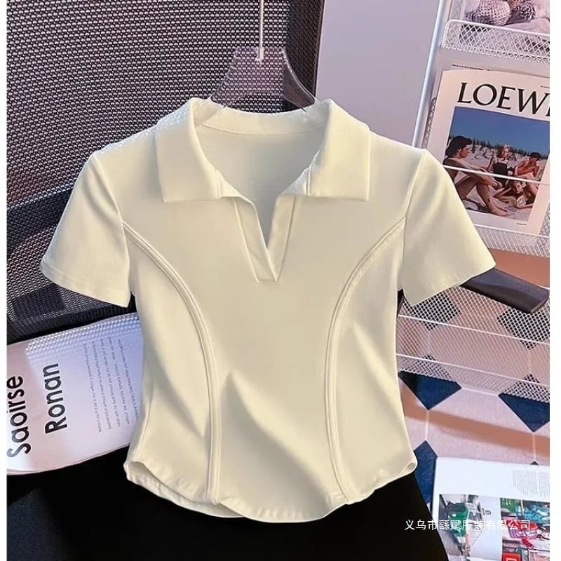 Irregular Curved Hem Short-Sleeved Shirt for Women Summer 2025 New Style Lapel Slim Fit Short Fishbone Top