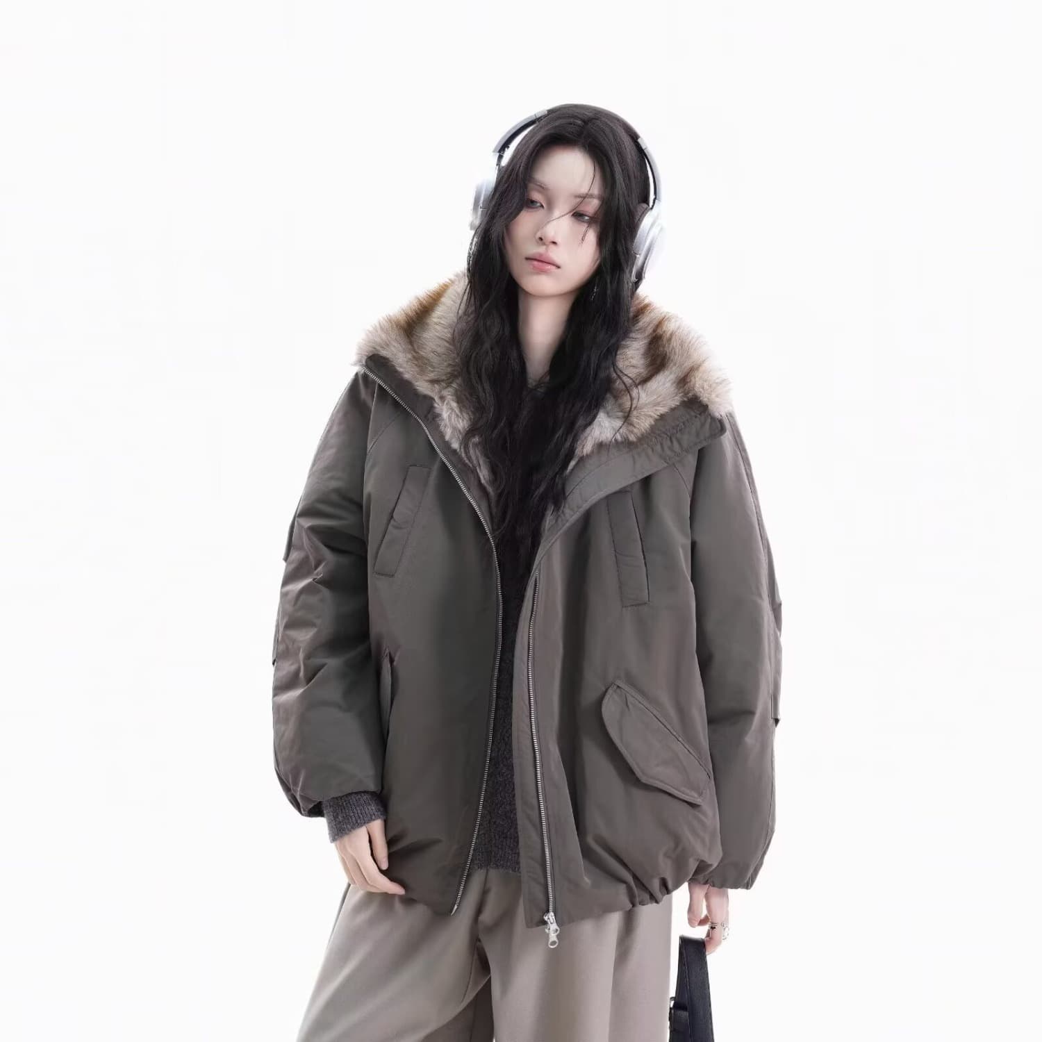 American Retro Mountain Eagle Faux Fur Collar Quilted Cotton Coat Women's Winter Thick Loose Trendy Versatile Flight Jacket