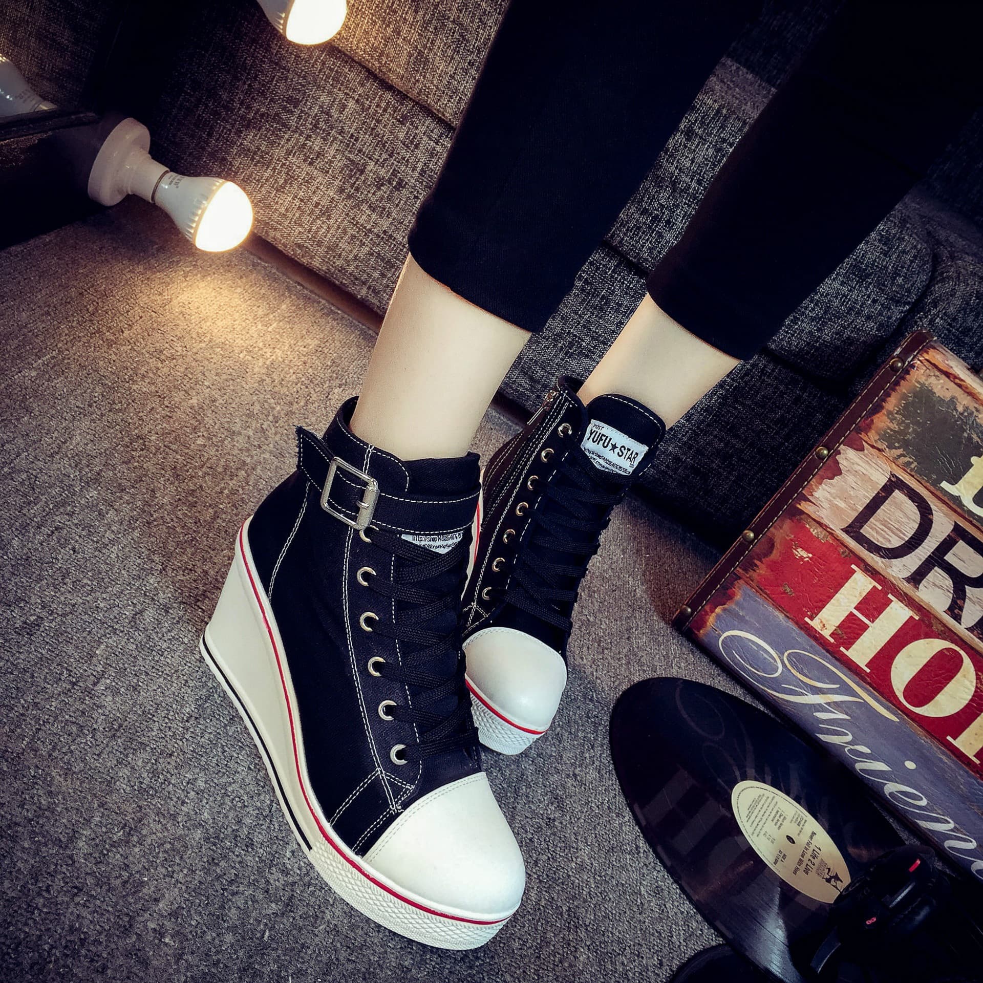 2021 New Spring/Autumn Women's High-Top Canvas Shoes with Side Zipper, 8cm Heel, Platform, Casual Shoes