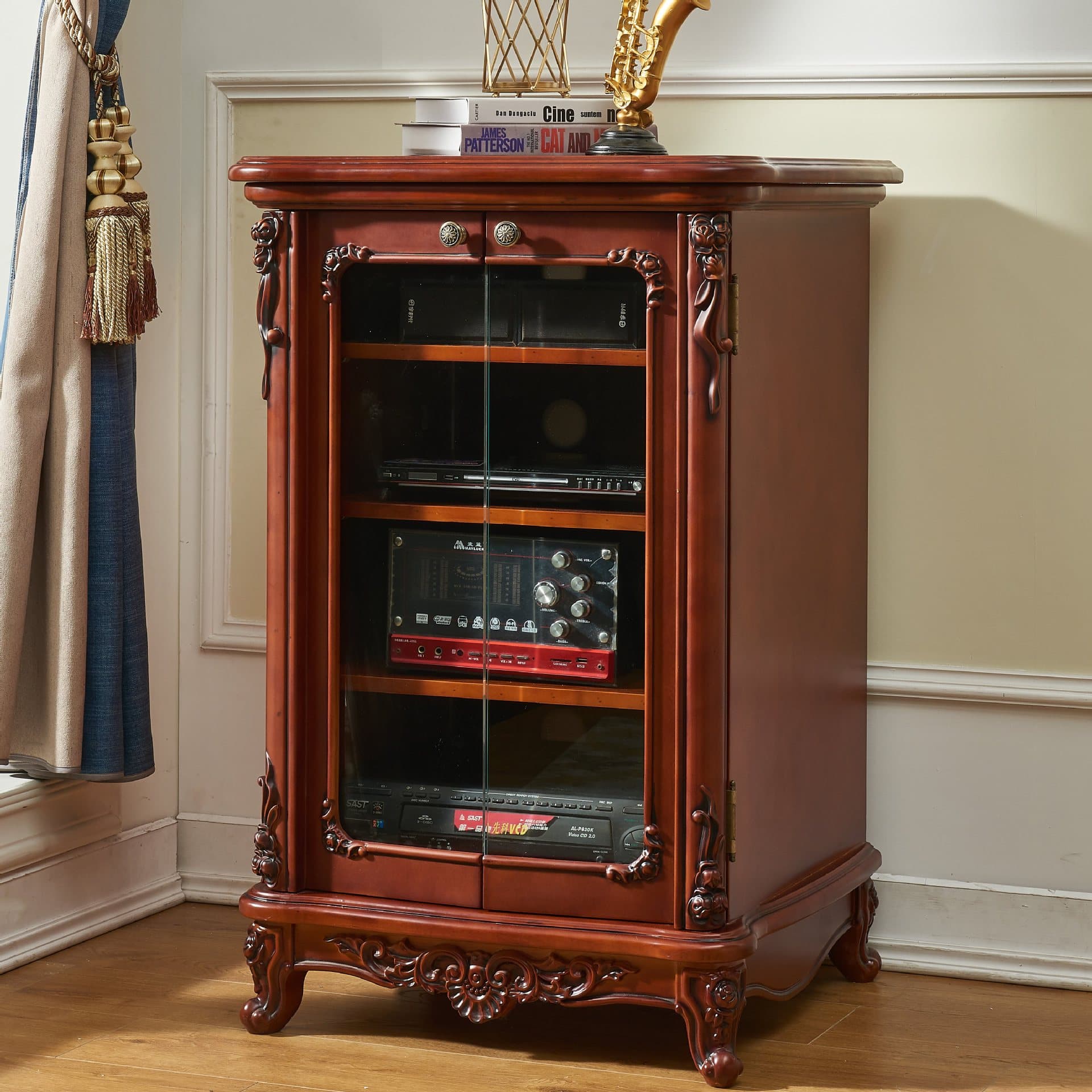 European style solid wood home theater amplifier rack, KTV speaker rack, surround sound rack, multi-layer home audio-visual equipment cabinet
