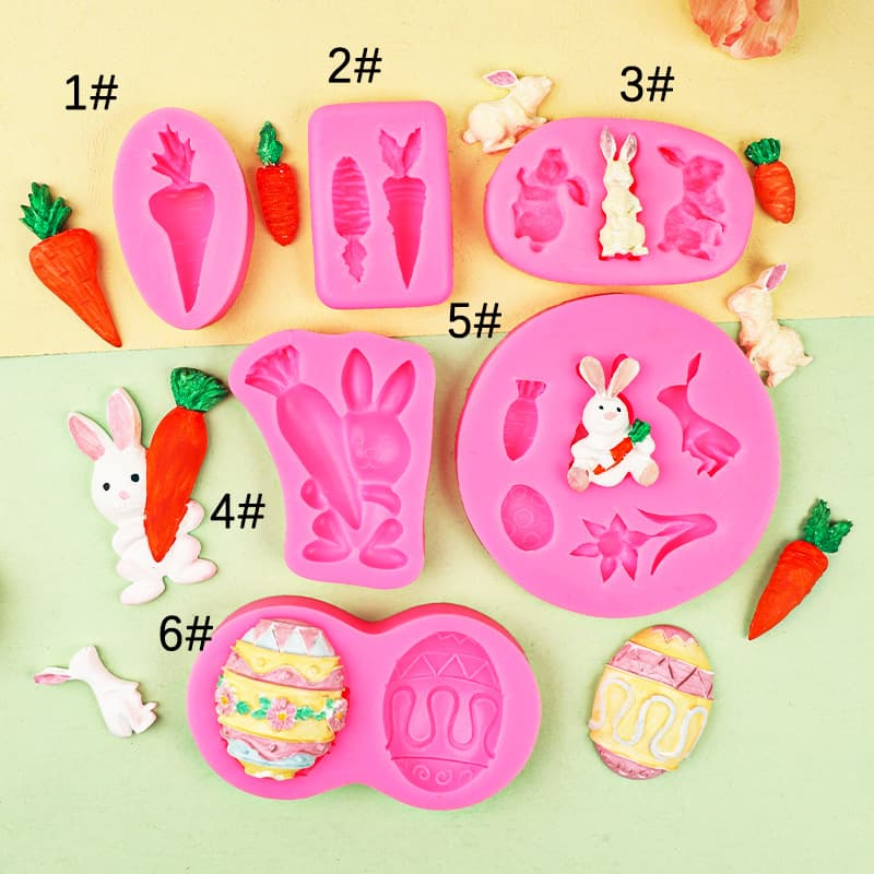 Cartoon Rabbit Silicone Mold for DIY Fondant, Clay Decorations - Multiple Styles with Eggs, Flowers, and Carrot Shapes
