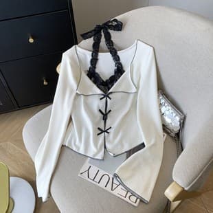 Korean Chic Design Bowknot Halter Long-Sleeve Layered Top for Women, Early Autumn Sexy Lace Patchwork T-Shirt