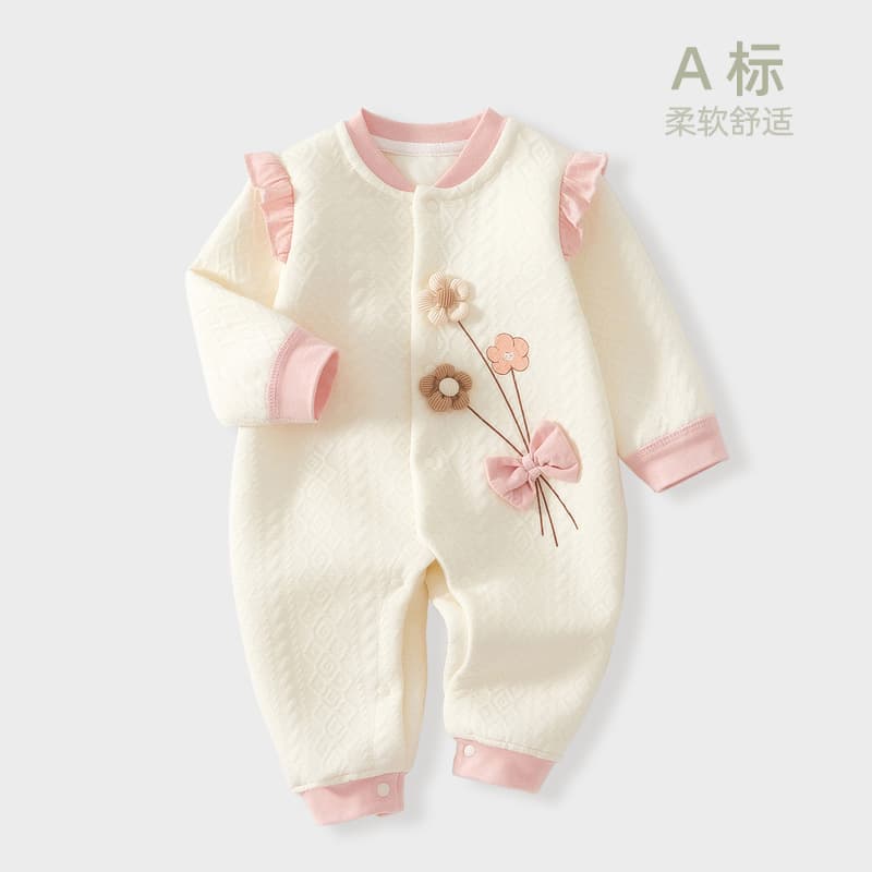 Anyang Baby Infant Clothing Spring Autumn Winter Three-Layer Thermal Romper Baby Girl Full-Month Suit Cotton Padded Homewear
