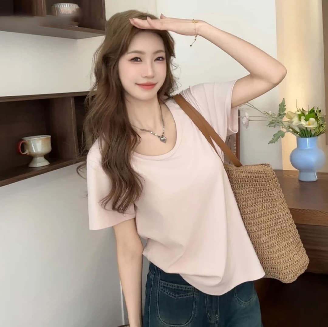 92% Cotton Women's T-Shirt Summer New Dopamine Pink Loose U-Neck Casual Versatile Solid Color Short Sleeve Top