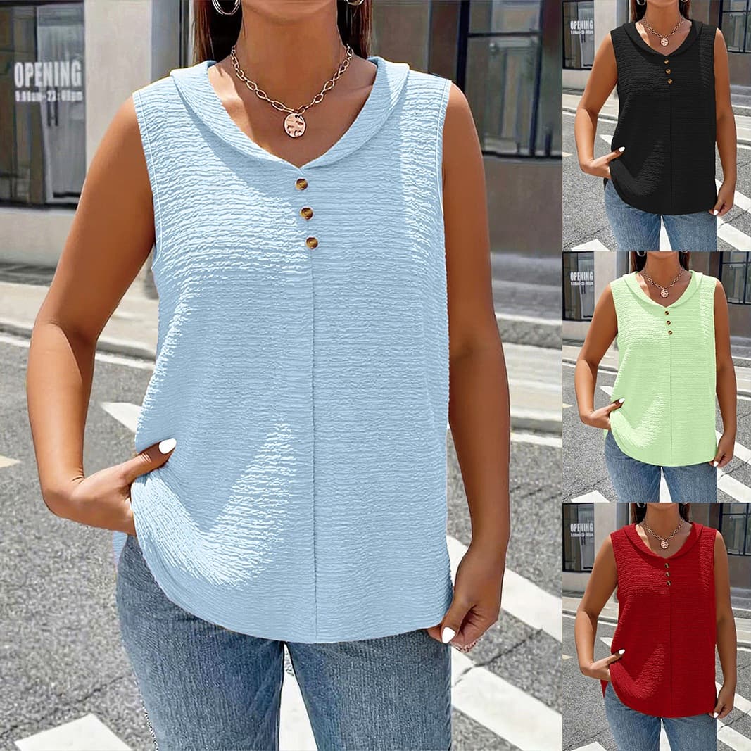 Women's Plus Size Solid Textured Pleated Fabric Babydoll Button Vest Top for Cross-Border E-Commerce on Amazon US/EU