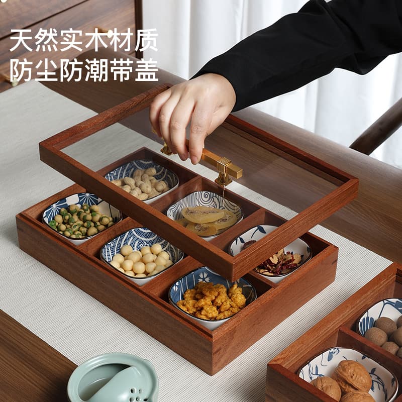 Six-square grid dried fruit plate, Chinese-style solid wood tea tray with lid, snack tray for cooking tea by the stove, storage box, blue and white porcelain tray