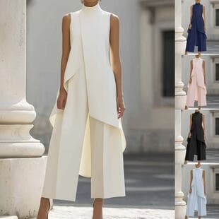 2026 European American Fashion New Commute Slim Irregular Design High Neck Sleeveless Layered Wide Leg Pants Two Piece Set