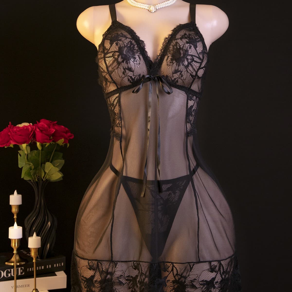 European and American Cross-border Plus Size French Lace Sheer Chemise, Deep V Neck Design, Sexy and Alluring