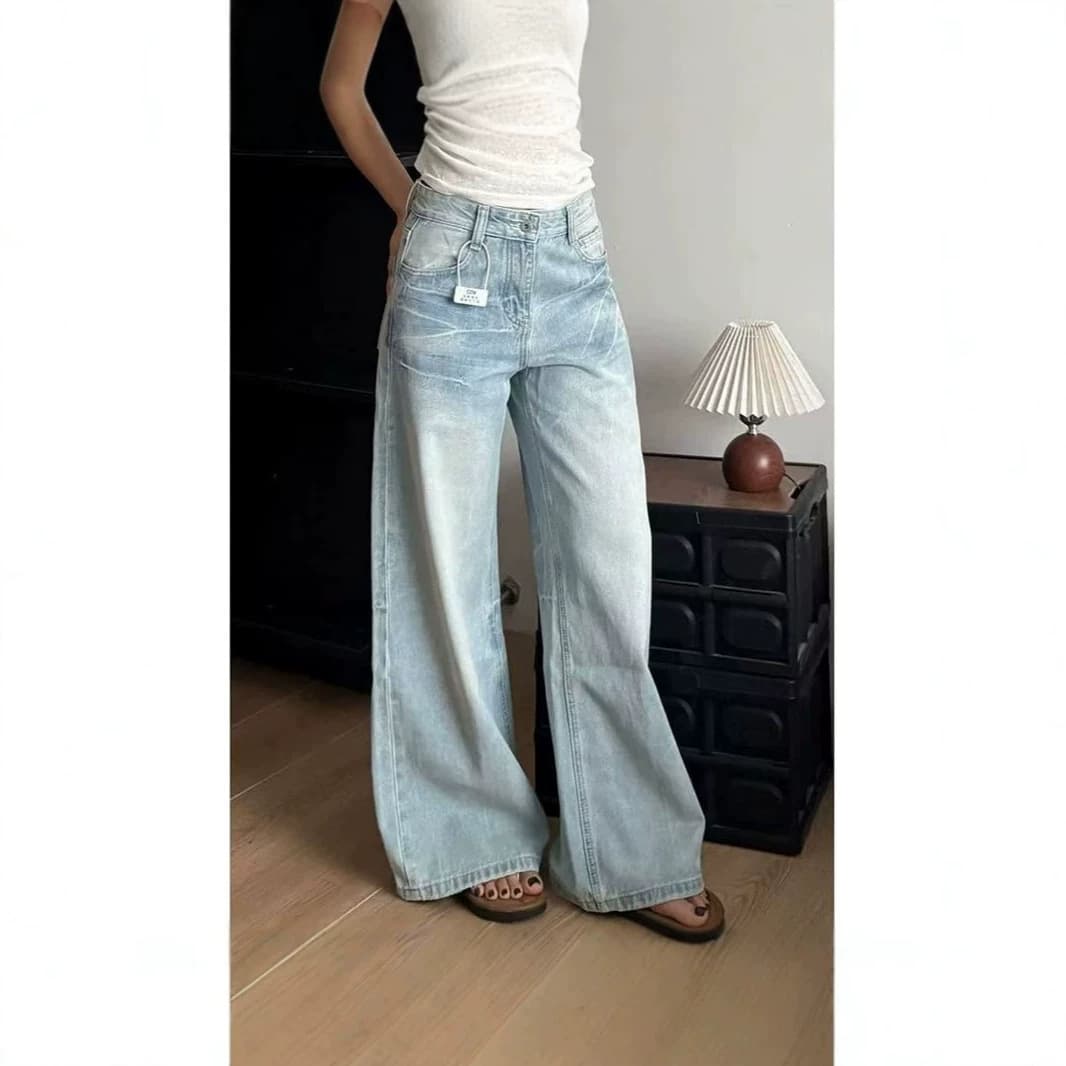 Petite 150cm Light Blue Jeans for Women New Cracked Whisker Loose Slimming Draped Straight-Leg Wide-Leg Pants