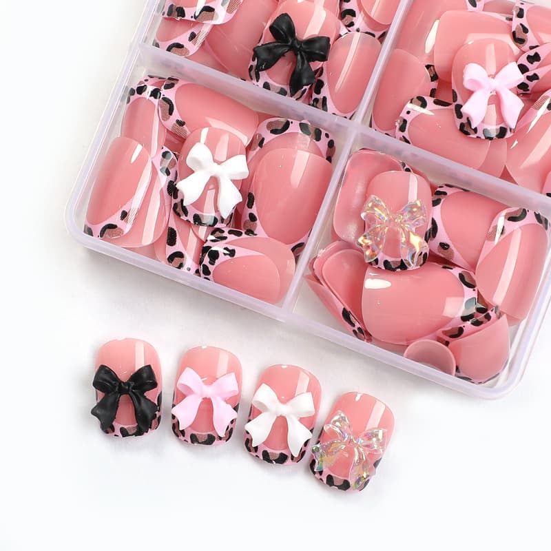 Cross-border Hot Selling Nail Art Set Leopard French Bow Nail Art Collection Pure Handmade High Quality Factory Direct