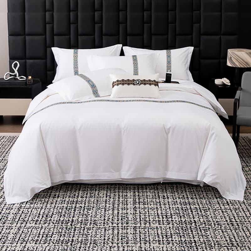 Homestay bedding four-piece set, hotel set, duvet cover, solid color woven ribbon, bed sheet, hotel pure white three-piece set, thickened