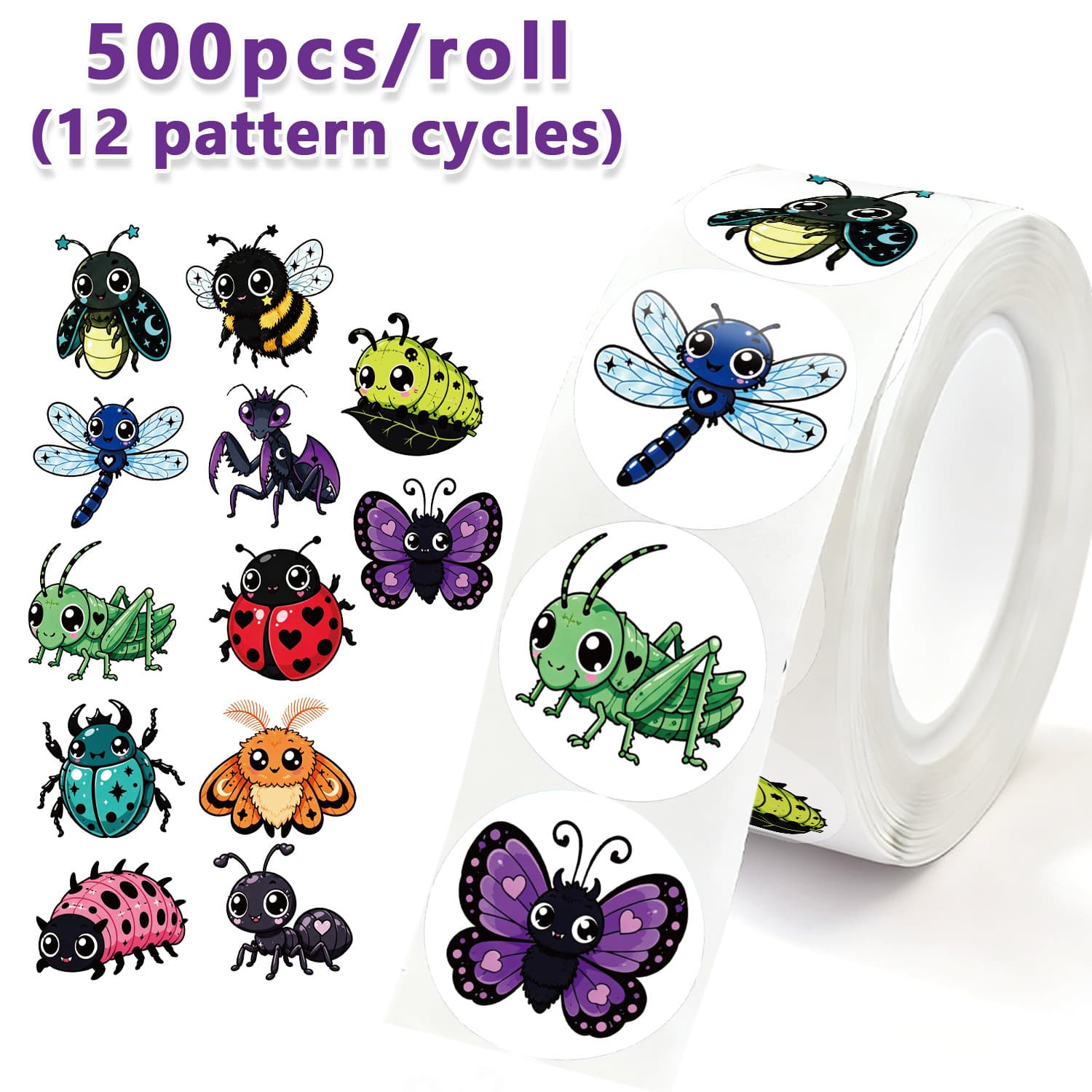 500 stickers/roll cartoon insect graffiti stickers 1 inch 12 pictures creative handbook gift packaging baking sealing stickers