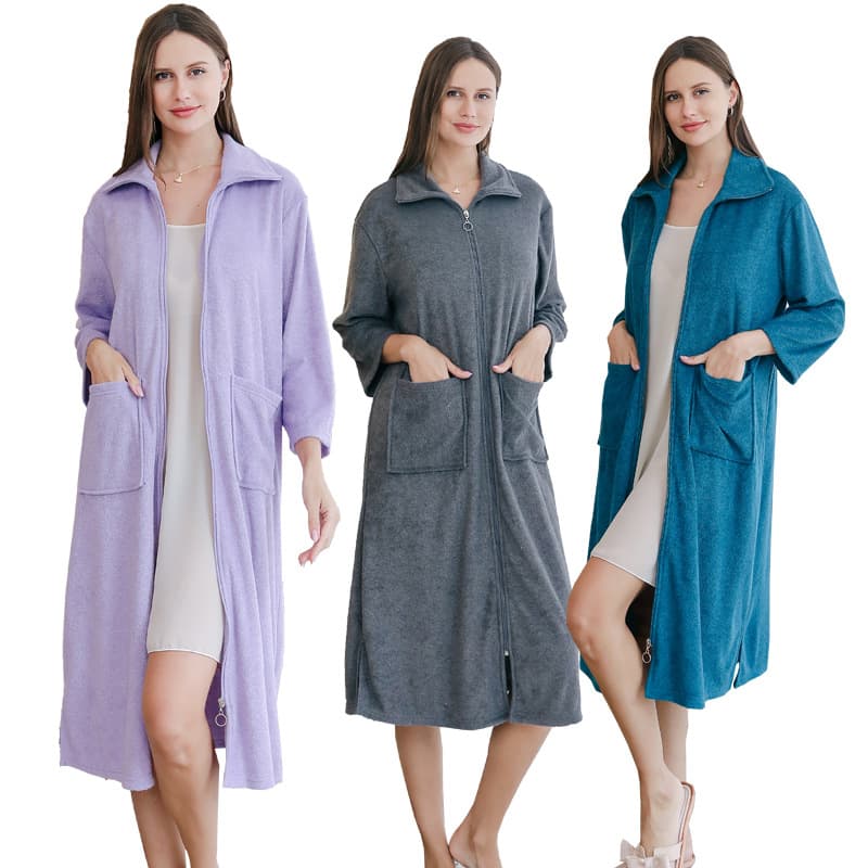 Amazon New Women's Mid-Length Sleep Dress, Spring/Summer Thin Zipper Nightgown, Plus Size, Terry Cloth Robe