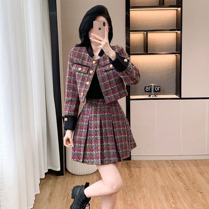 Autumn/Winter Retro Plaid Fashion Set Tweed Elegant Pleated Jacket and Skirt, Fragrance Style Pleated Skirt Two-Piece