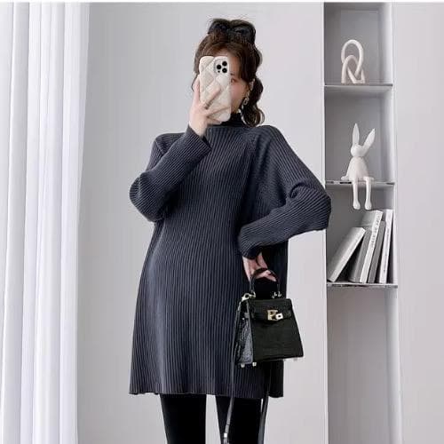 Maternity Sweater Mid-Length Autumn Korean Version Fashion High Neck Loose A-Line Soft Knit Layering Base Top for Fall/Winter