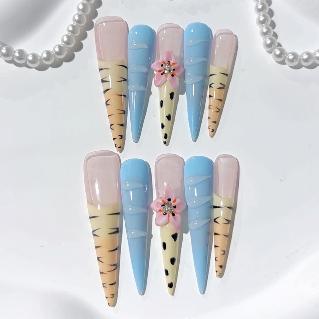 European and American Cross-Border Long 5.0 Long Stiletto Zebra Print 3D Floral Handmade Wearable Fake Nails Wholesale