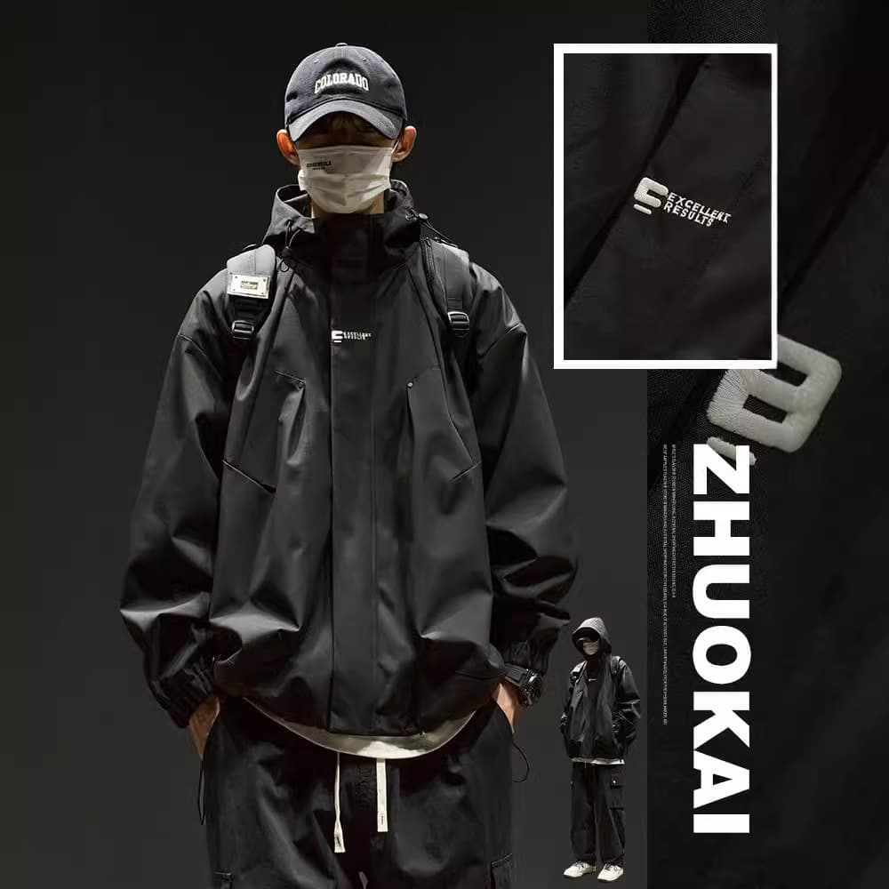 Streetwear Retro Solid Color Functional Hoodie Jacket Men's Trendy Loose Couple Windbreaker Jacket Oversize Polyester Fiber