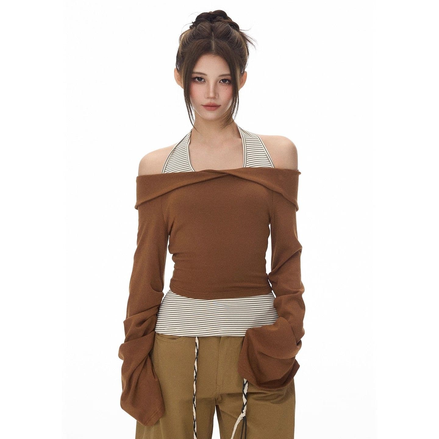 Off-Shoulder Crop Top Long Sleeve T-Shirt Women Autumn Inner Layer Base Slim Camisole Vest Two-Piece Set
