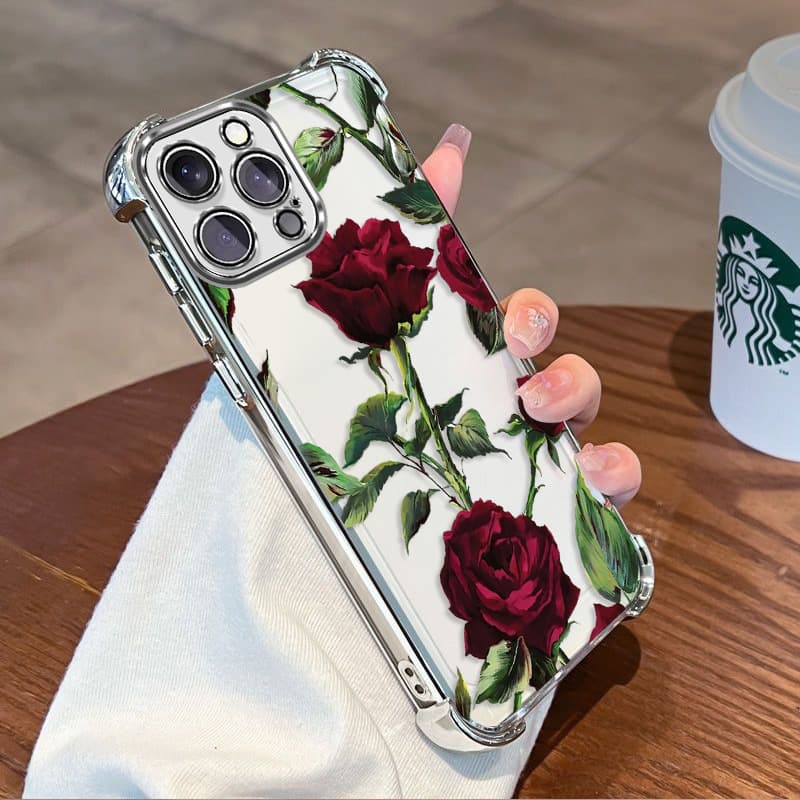 High-end rose transparent mobile phone case 17 Apple 16promax four-corner anti-collision airbag shell IP15 electroplated shell