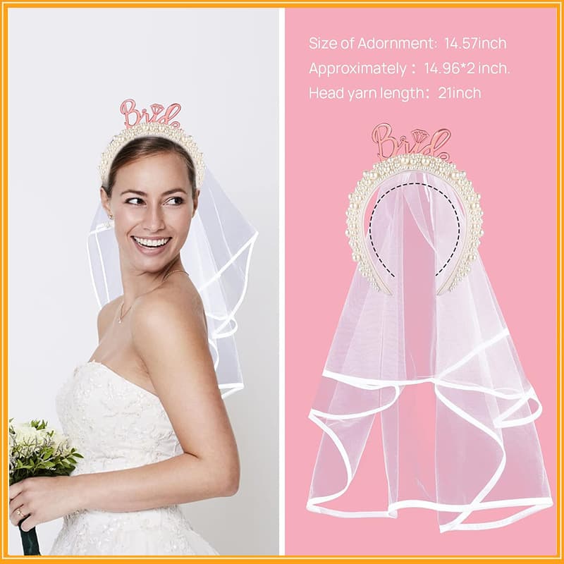 European and American Large Pearl Headband Bride Crown with Veil Decoration, Bachelorette Party Bride Crown