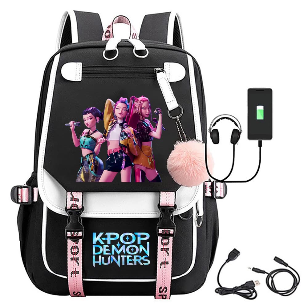 kpop witch hunter girl group movie surrounding printed backpack school bag student campus with fur ball backpack