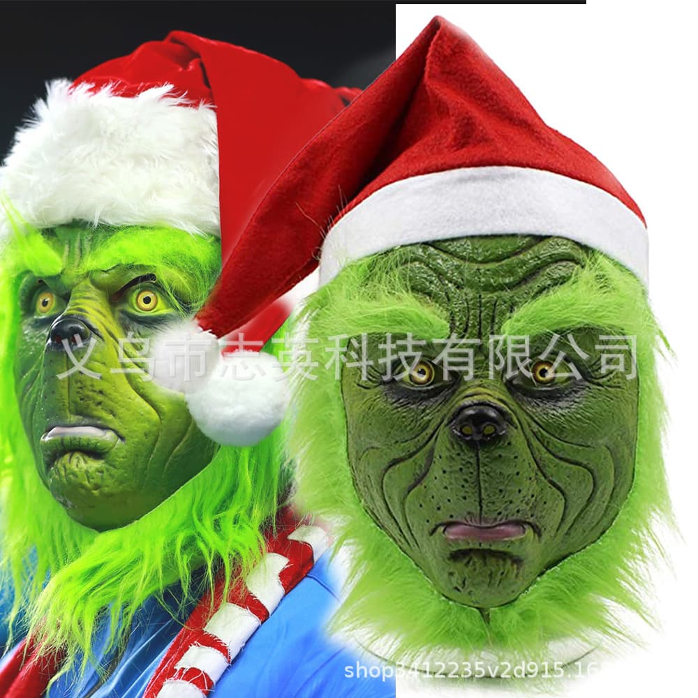 Christmas thief green fur monster Grinch mask The Grinch latex full headgear Halloween COS props
