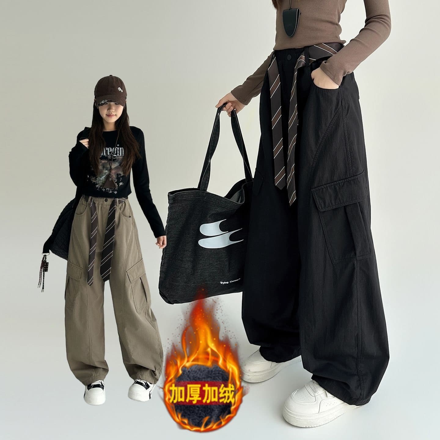 Girls' overalls plus velvet autumn and winter 2025 new pants junior high school girls teenagers wide-leg casual pants